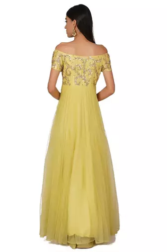 Lemon yellow net gota patti work anarkali salwar kameez