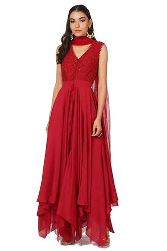 Red cotton silk sequins embroidery anarkali salwar kameez