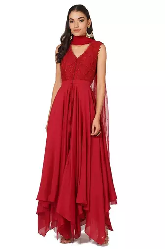 Red cotton silk sequins embroidery anarkali salwar kameez
