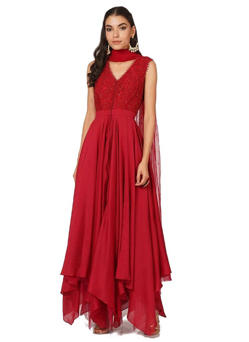 Red cotton silk sequins embroidery anarkali salwar kameez