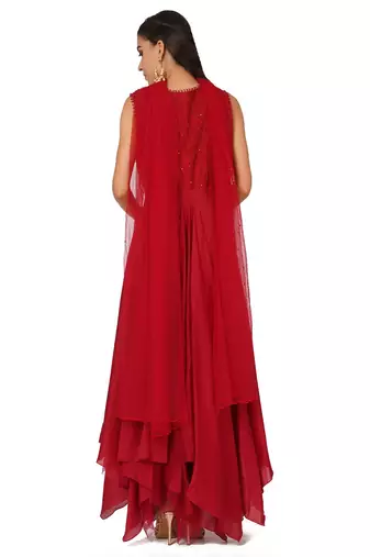 Red cotton silk sequins embroidery anarkali salwar kameez
