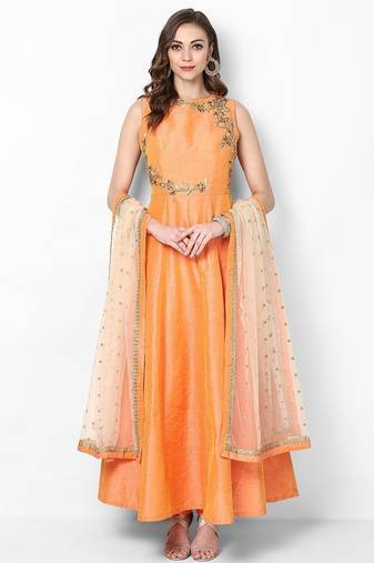 Orange silk sequins & zari embroidery anarkali salwar kameez