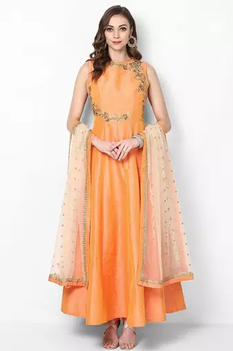 Orange silk sequins & zari embroidery anarkali salwar kameez