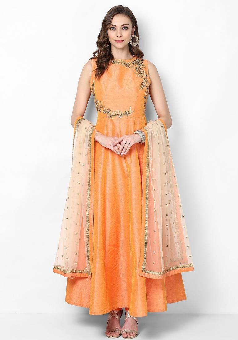 Orange silk sequins & zari embroidery anarkali salwar kameez