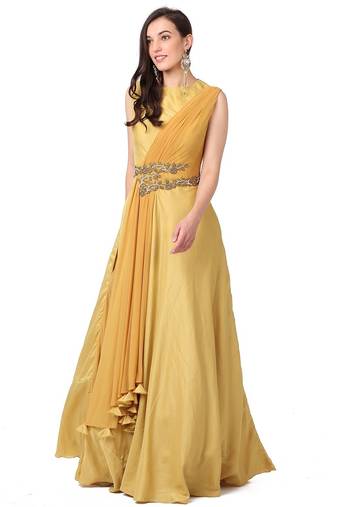 Light mustard silk hand embroidery anarkali salwar kameez