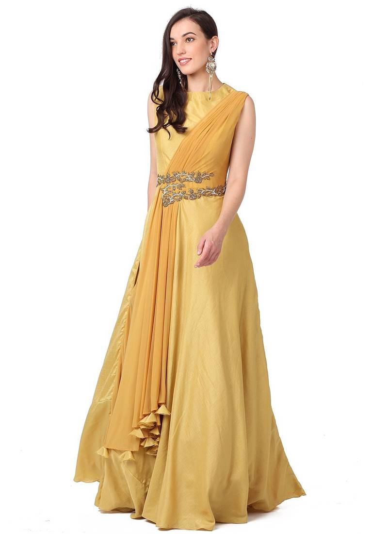 Light mustard silk hand embroidery anarkali salwar kameez
