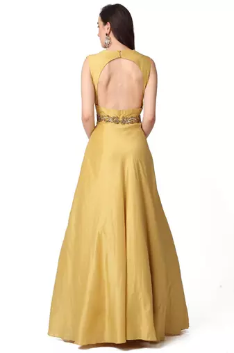 Light mustard silk hand embroidery anarkali salwar kameez