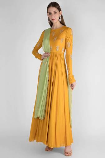 Mustard yellow georgette hand embroidery anarkali salwar kameez