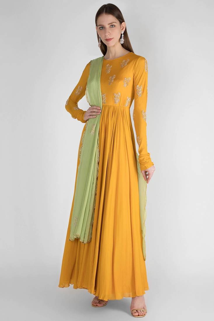 Mustard yellow georgette hand embroidery anarkali salwar kameez