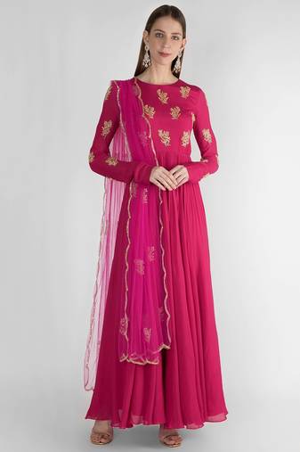 Fuchsia pink georgette hand embroidery anarkali salwar kameez