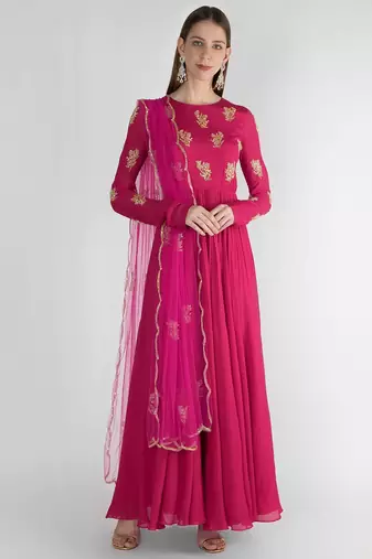 Fuchsia pink georgette hand embroidery anarkali salwar kameez