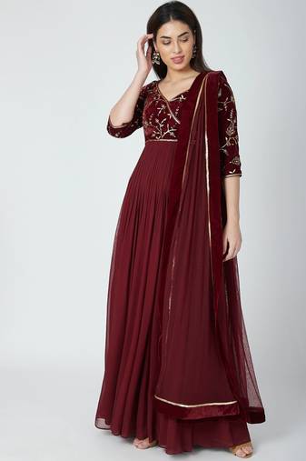 Wine georgette hand embroidery anarkali salwar kameez