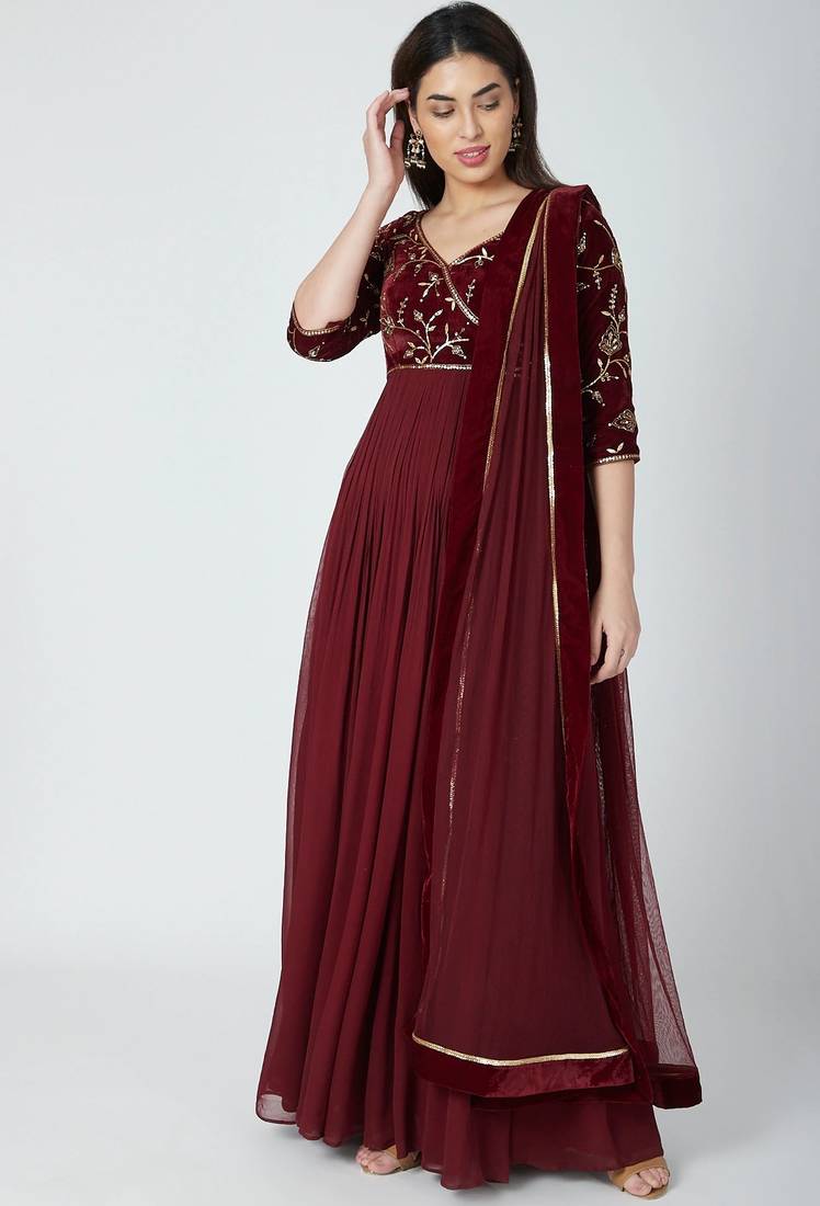 Wine georgette hand embroidery anarkali salwar kameez