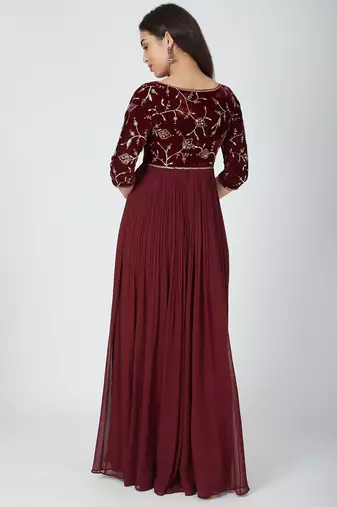 Wine georgette hand embroidery anarkali salwar kameez