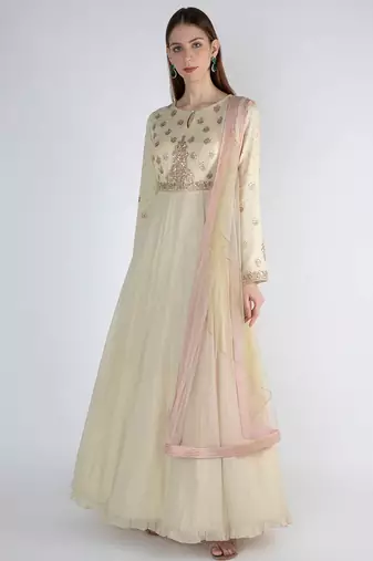 Off white shimmer georgette hand embroidery anarkali salwar kameez