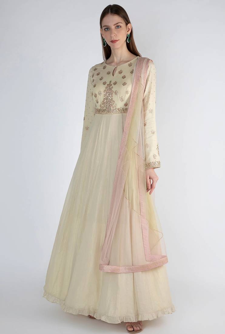 Off white shimmer georgette hand embroidery anarkali salwar kameez