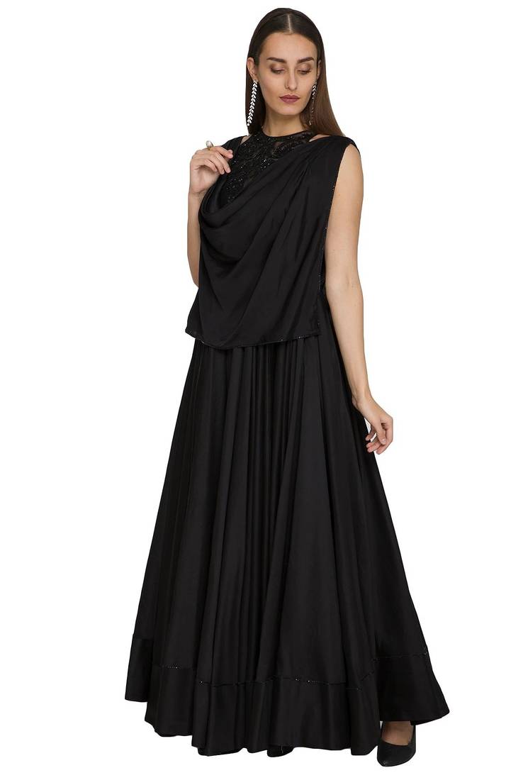 Black crape silk hand embroidery anarkali salwar kameez