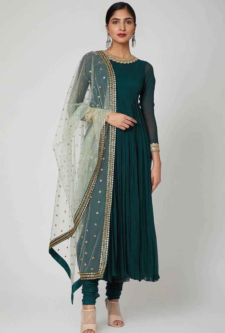 Turquoish blue georgette hand embroidery anarkali salwar kameez