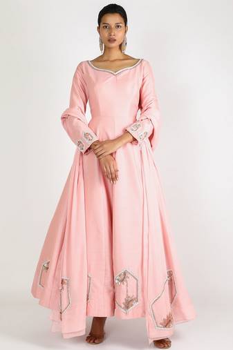 Pink silk hand embroidery anarkali salwar kameez