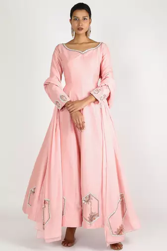 Pink silk hand embroidery anarkali salwar kameez