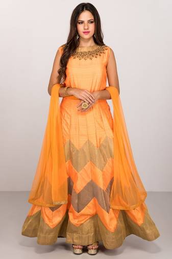 Orange silk zari work & lace border anarkali salwar kameez