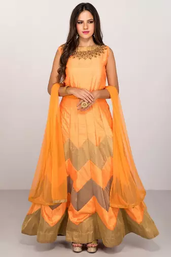 Orange silk zari work & lace border anarkali salwar kameez