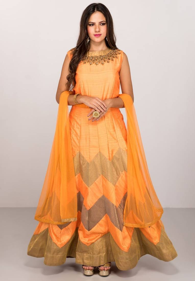 Orange silk zari work & lace border anarkali salwar kameez