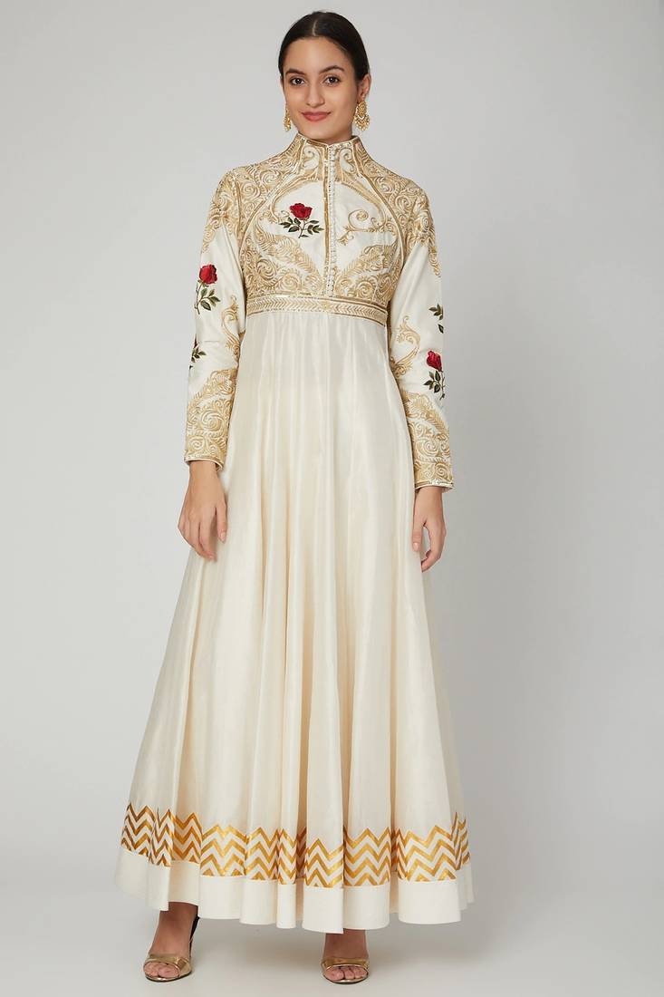 Off white silk zari and thrad work anarkali salwar kameez