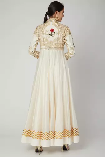 Off white silk zari and thrad work anarkali salwar kameez
