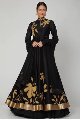 Black silk thread embroidery anarkali salwar kameez 1