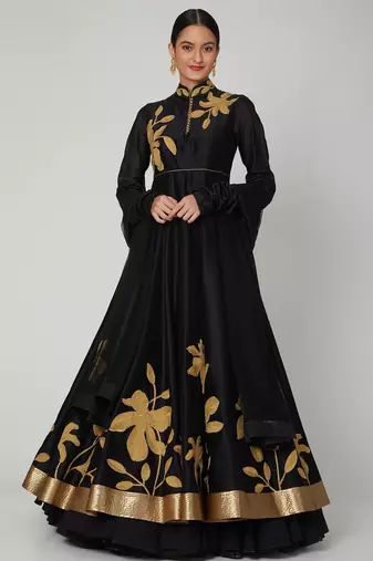 Black silk thread embroidery anarkali salwar kameez