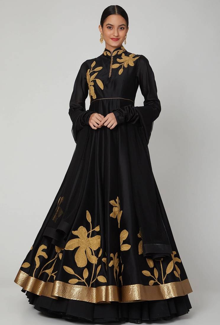 Black silk thread embroidery anarkali salwar kameez