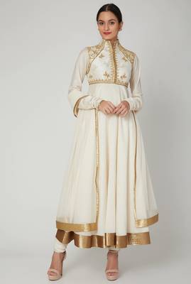 Off white silk zari and thrad work anarkali salwar kameez 1