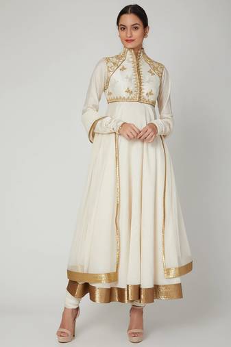 Off white silk zari and thrad work anarkali salwar kameez