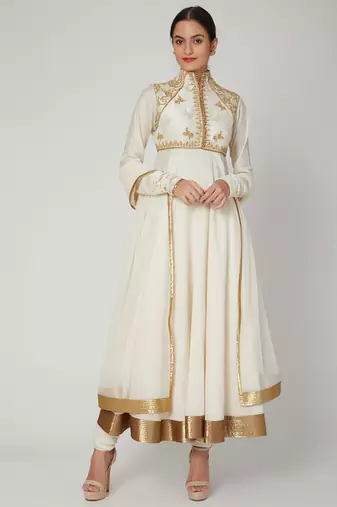 Off white silk zari and thrad work anarkali salwar kameez