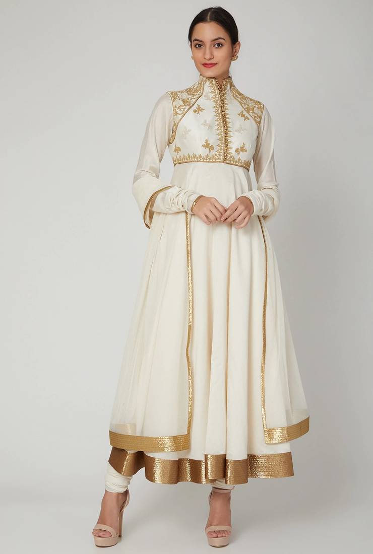 Off white silk zari and thrad work anarkali salwar kameez
