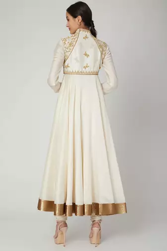 Off white silk zari and thrad work anarkali salwar kameez
