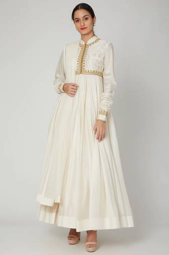 White silk zari and thrad work anarkali salwar kameez