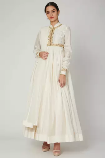 White silk zari and thrad work anarkali salwar kameez