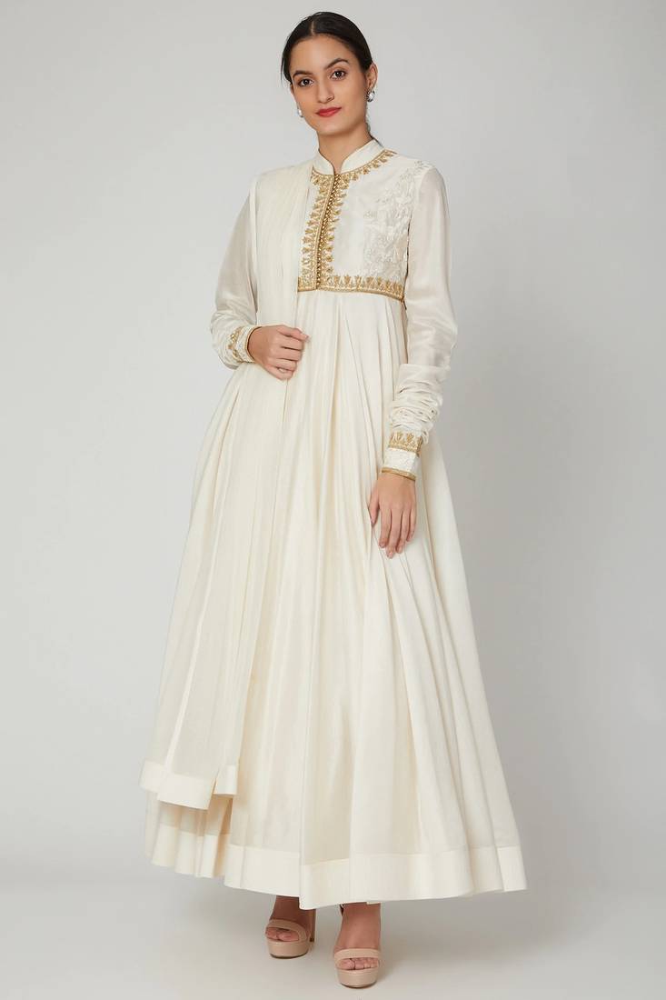 White silk zari and thrad work anarkali salwar kameez