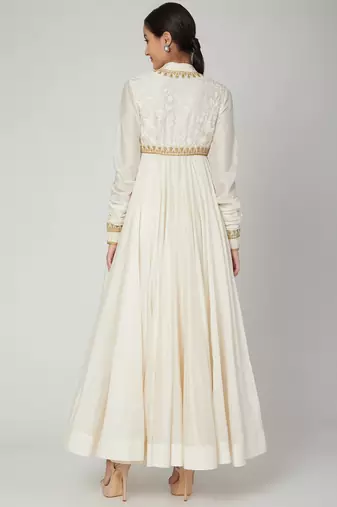 White silk zari and thrad work anarkali salwar kameez