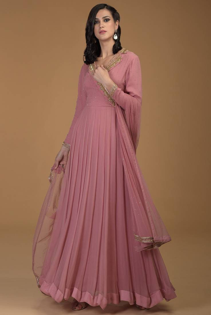 Onion pink georgette hand embroidery anarkali salwar kameez