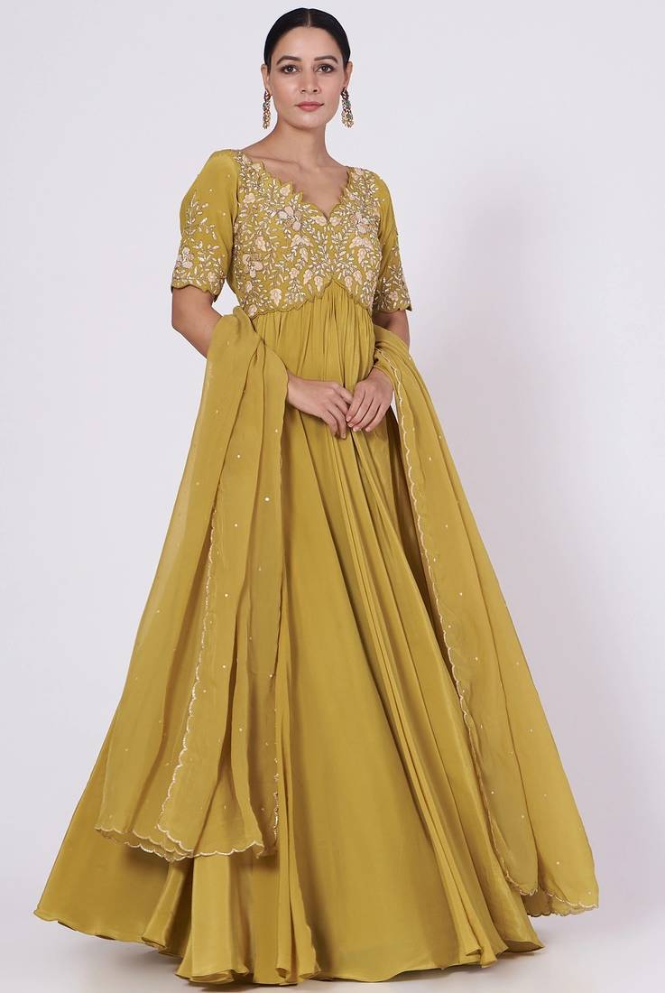 Dark mustard crape hand embroidery anarkali salwar kameez