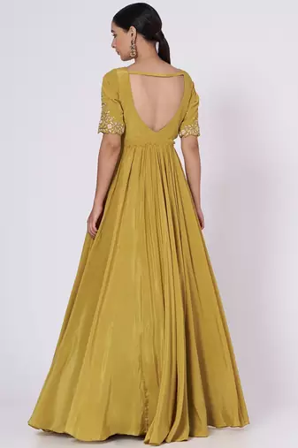 Dark mustard crape hand embroidery anarkali salwar kameez