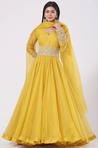 Yellow organza hand embroidery anarkali salwar kameez