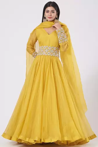 Yellow organza hand embroidery anarkali salwar kameez