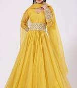 Yellow organza hand embroidery anarkali salwar kameez
