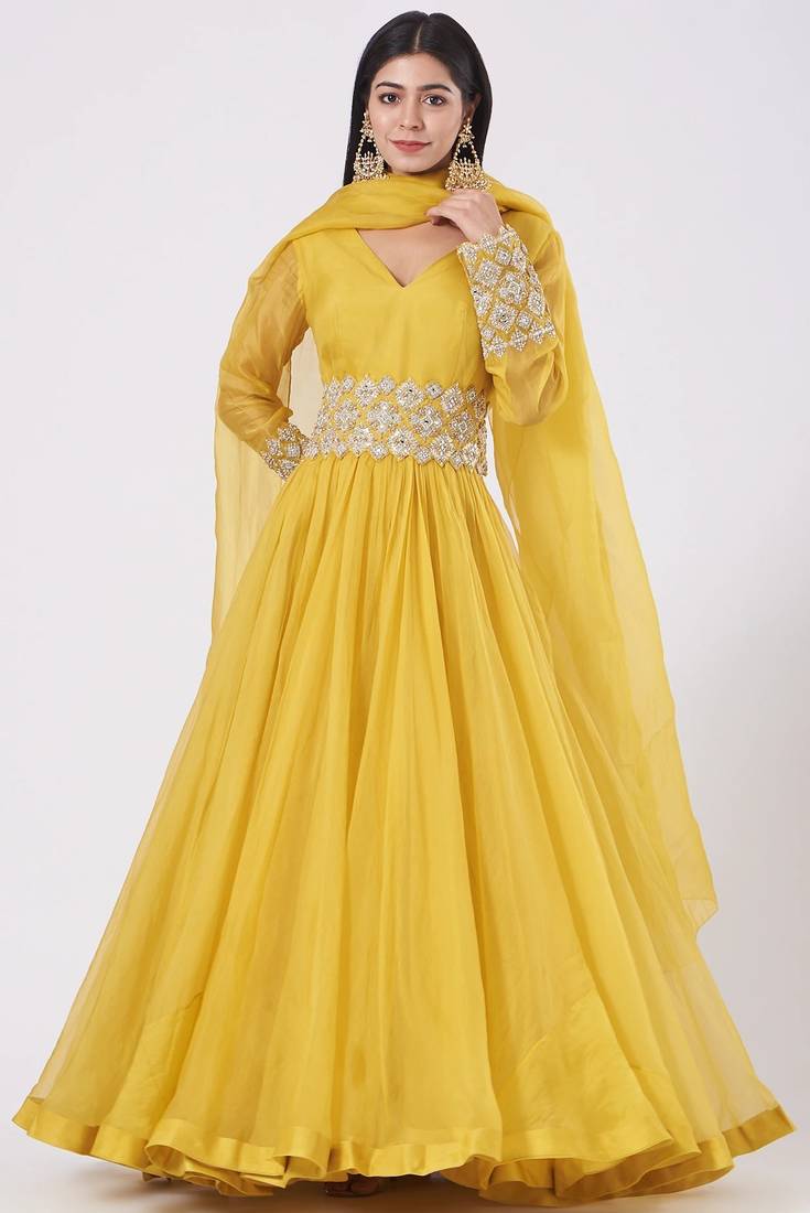 Yellow organza hand embroidery anarkali salwar kameez
