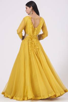 Yellow organza hand embroidery anarkali salwar kameez 2