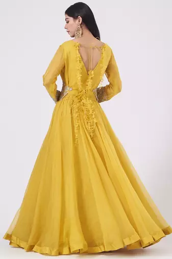 Yellow organza hand embroidery anarkali salwar kameez